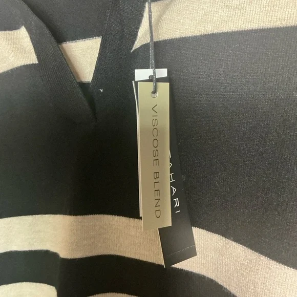 T Tahari Black and Tan Striped V-Neck Sweater - Picture 6 of 8